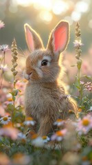 Fototapeta premium Hyper-realistic 3D Rendering of Fluffy Bunny in Meadow Surrounded by Blooming Flowers under Clear Sky