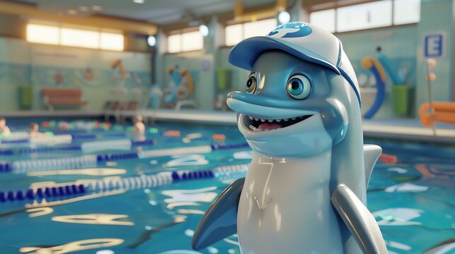 A 3D model of a cheerful dolphin in a swim coach's outfit, teaching swimming lessons in the school pool