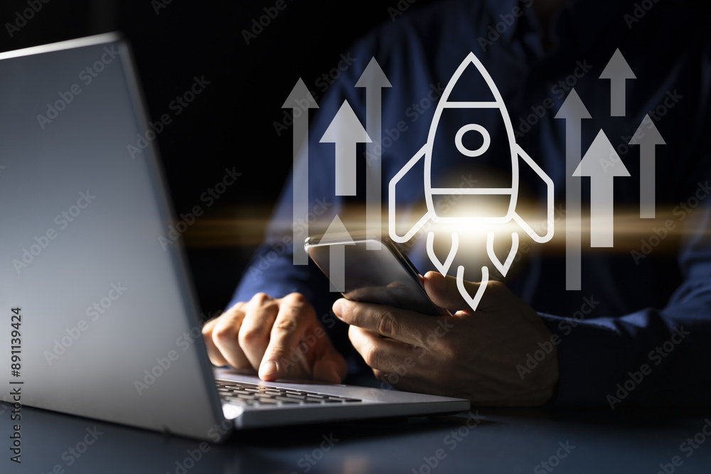 Poster launching a tech startup: young caucasian man using smartphone