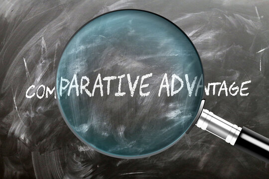 Comparative Advantage - learn, study and inspect it. Taking a closer look at comparative advantage. A magnifying glass enlarging word 'comparative advantage' written on a blackboard ,3d illustration