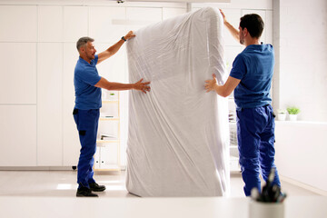 Delivering Comfort: A professional mover in a white uniform carrying a mattress
