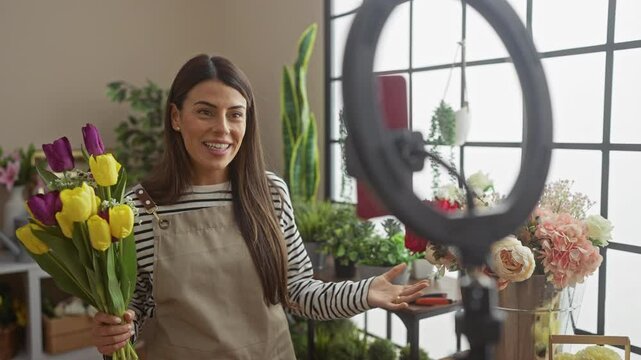 Hispanic woman records a floral arrangement tutorial indoors using a ring light for her online audience.
