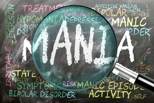 Mania being studied, examined - under close inspection. Most important subjects and ideas closely related to mania written on a blackboard inspected by a magnifying glass. ,3d illustration