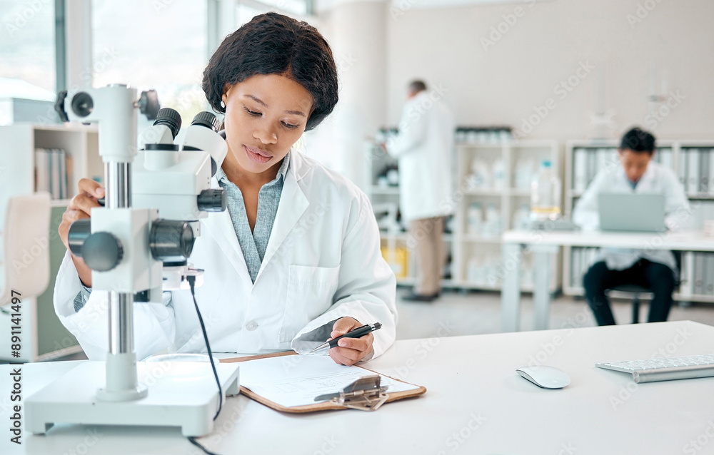 Poster Scientist, woman with clipboard in lab for microscope notes, research and experiment results of study. Person, biotechnology and writing checklist, medical data and report of pharmaceutical.
