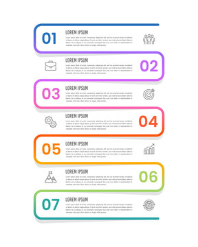 Infographic vertical with colorful line. 7 process to success. Business presentations, reports, data, banners, milestones and planning. Vector illustration.