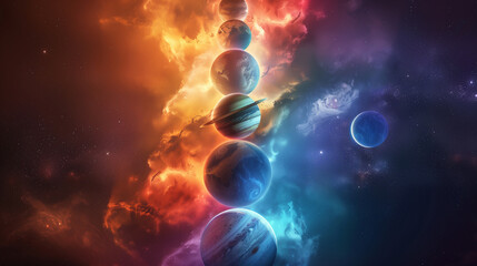 Obraz premium Multicolored planets aligned in vertical panels with cosmic background..