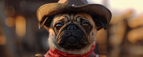 Obraz premium Adorable pug dog wearing a cowboy hat and bandana. Cute pet portrait in outdoor setting with warm sunlight.