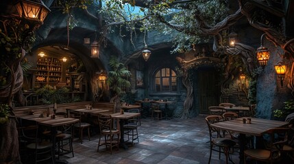 A whimsical café interior with fantasy décor, inviting guests to enjoy unique dining moments in a magical atmosphere. Perfect for themed events or storytelling.
