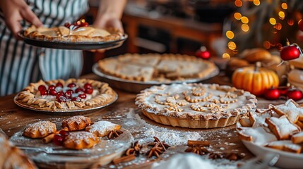 A Table Spread with a Selection of Pies and Baked Goods