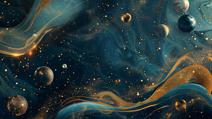 Abstract cosmic background with gold metallic foil and marbled textures inlay, incorporating sacred geometry with celestial motifs, stars, and planets.