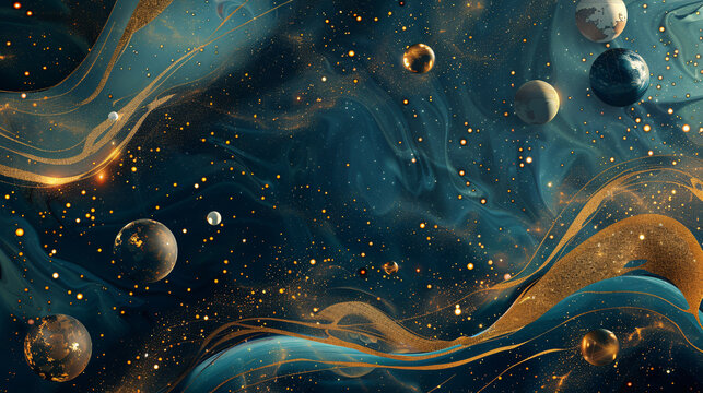 Abstract cosmic background with gold metallic foil and marbled textures inlay, incorporating sacred geometry with celestial motifs, stars, and planets.