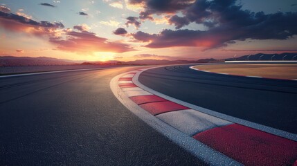 a deserted motor racing circuit at sunset, an empty asphalt track winding through a dramatic landscape