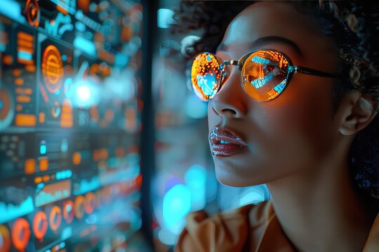 Young woman with in front of a big monitor in the middle of a modern server room. Black female IT Computer specialist analyzing artificial intelligence cyber threats to consumer data and privacy leaks