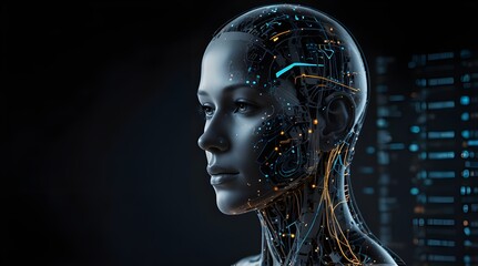 A side view of a computer head with data and illuminating lines in a futuristic artificial intelligence