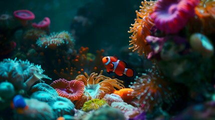 30. "A close-up view of a clownfish nestled in its anemone home