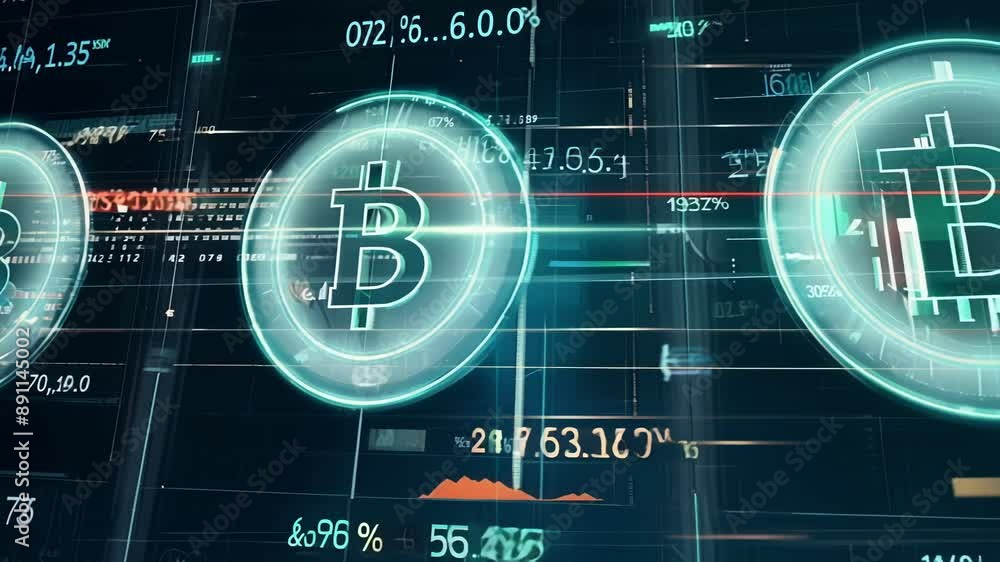 Poster a series of holographic panels displaying realtime exchange rates for different virtual currencies c
