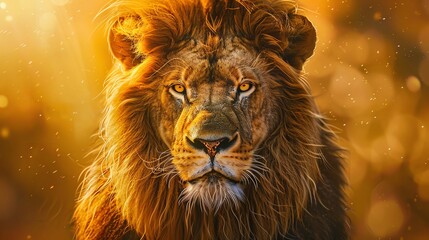 Naklejka premium Frontal view of a majestic lion in its natural habitat