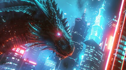 Worms-eye view of a majestic dragon with iridescent scales, minimalist futuristic skyscrapers in the background, CG 3D rendering, glowing neon lights accentuating the scene