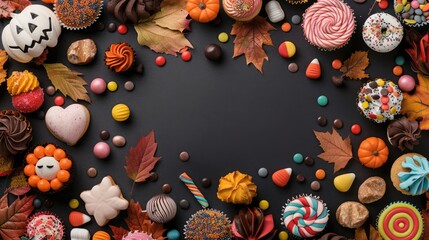 Spooky Halloween Treats Background with Autumn Leaves and Vibrant Colors for Festive Designs in 32K Resolution, Generative Ai