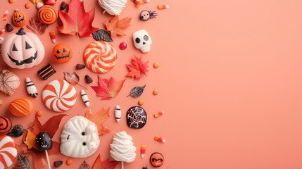 Enchanting Halloween Sweets Among Autumn Leaves - High Detail 32K Resolution with Copy Space | Spooky Festive Desserts for Design Concepts, Generative Ai