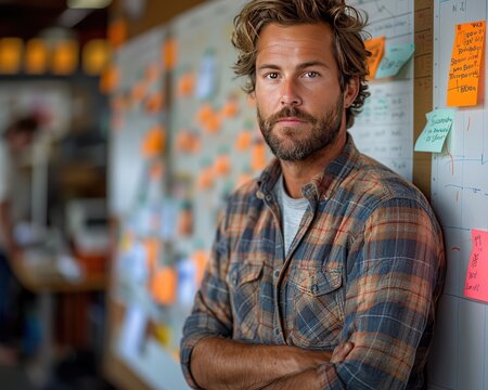 Creative Graphic Designer Brainstorming Ideas on Whiteboard with Sketches and Sticky Notes in Background