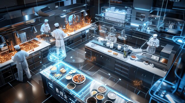 Birds-eye view of a virtual reality culinary studio