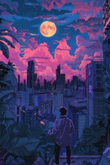 Fototapeta premium Night View of Cityscape with Full Moon and Stars