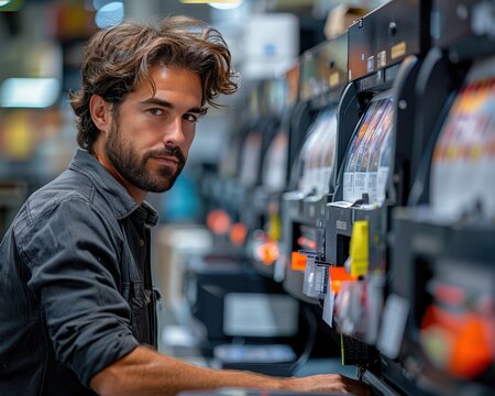 Creative Graphic Designer Reviewing Print Proofs with 90 mm f/4.0 Lens in Studio Environment
