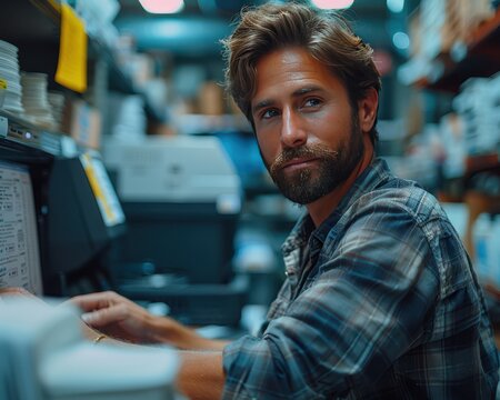 Creative Graphic Designer Reviewing Print Proofs on Computer with 90mm f/4.0 Lens in Printing Studio - Powered by Adobe
