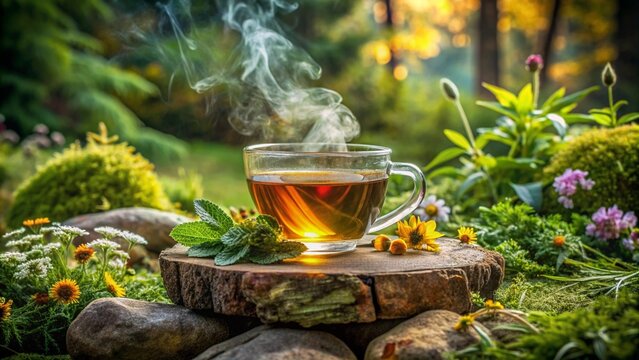 A steaming cup of herbal tea placed on a large stone, surrounded by freshly picked herbs and forest plants.
