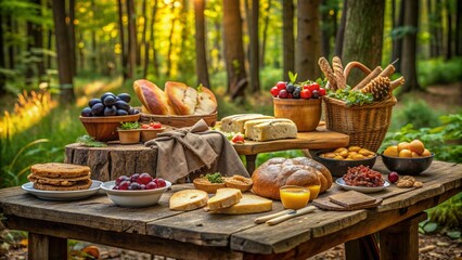 A rustic wooden table set up in the forest, covered with freshly baked bread, cheese, and a variety of forest fruits.