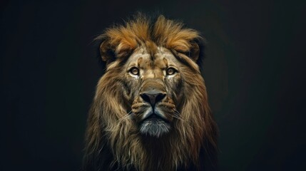 Naklejka premium close up front view of a strong male lion on a dark background