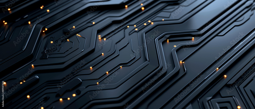 Aufkleber a detailed black circuit board with illuminated lights. the intricate pathways and glowing elements 