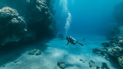 13. "A diver exploring a breathtaking underwater landscape with towering rock formations