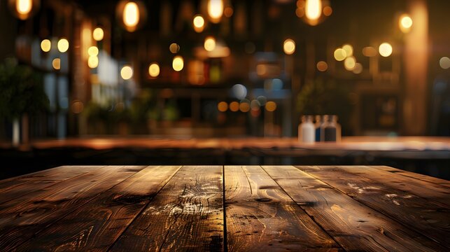 Empty wooden table top with blurred background of restaurant interior, with bokeh lights for product display montage in the style of e-commerce advertising