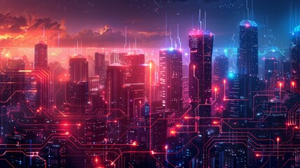 Fototapeta premium Futuristic Smart Cyber City illustration: Innovative Urban Landscape in Digital Circuitry, futuristic technology concept, Graphic Resources, Wallpapers, Brochure, Websites, banner design, Advertising,