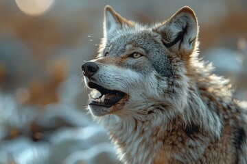 A lone wolf in the middle of a snowy forest howls at the full moon.