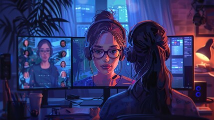 Fototapeta premium Woman on a Video Call at Night