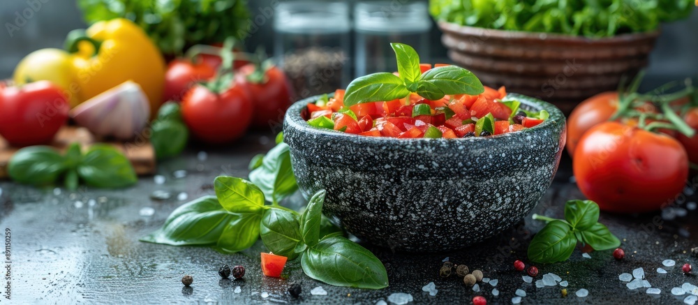 Canvas Prints Fresh Tomato and Basil Salsa in a Stone Bowl