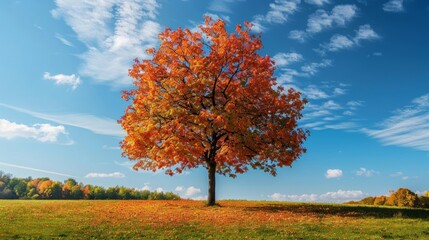 Fototapeta premium Tree with vibrant autumn leaves standing alone in a meadow