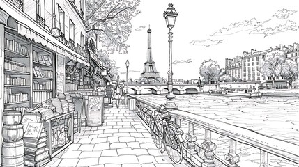 Naklejka premium the black and white cartoon drawing with clear art lines of the arabian postacards and book sellers along the Seine in Paris, for a coloring book page, no gray shade