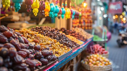 Traditional market stall selling dates and Ramadan decorations