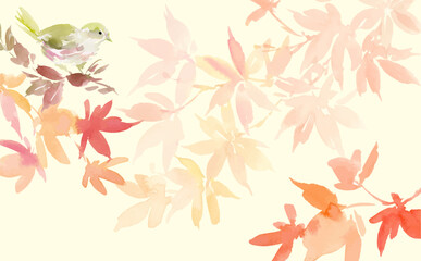 Abstract autumn leaves and little bird background vector design painted in watercolor. Autumn botanical watercolor illustration. Autumn botanical watercolor frame
