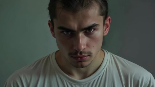 Portrait of a cheerful young guy with long hair transforming into an angry bald man with a shaved head looking at the camera. Change morphing animation