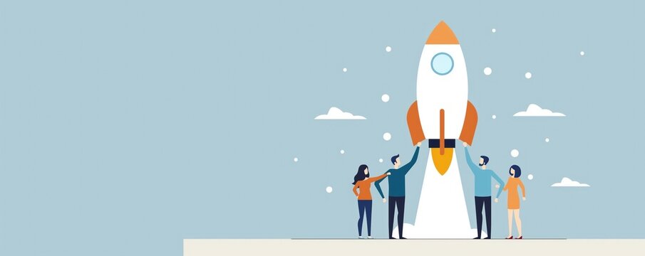 Startup launch, team celebrating new business, flat design illustration