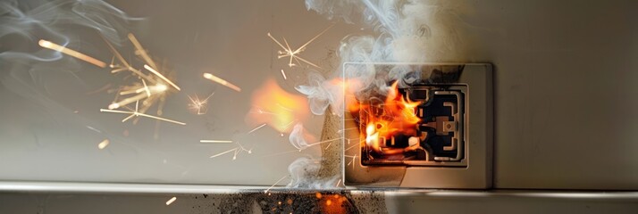 Electrical fire hazard scenario shows a burning EU standard outlet with flames and smoke emerging from it, creating a bright orange glow against the gray wall and white ceiling.