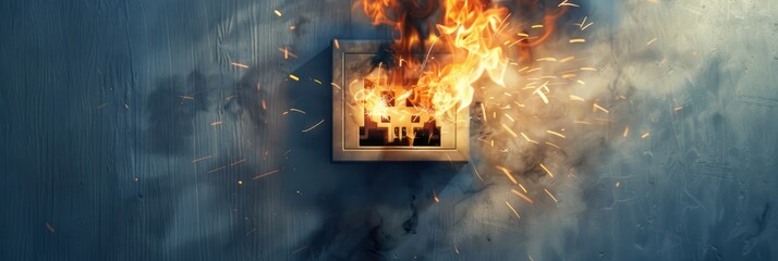 Electrical fire hazard illustration burning European outlet with orange, yellow flames, smoke, electrical discharges, sparks emerging from socket. Scene highlights dangers of short circuiting,
