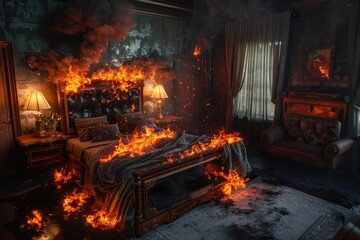 Bedroom scene on fire with black walls and smoke everywhere. Authentic setting with burning furniture and curtains in flames. High-resolution wide-angle shot.