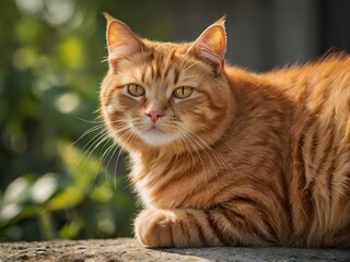 orange cat with blur background, orange cat is sitting and looking