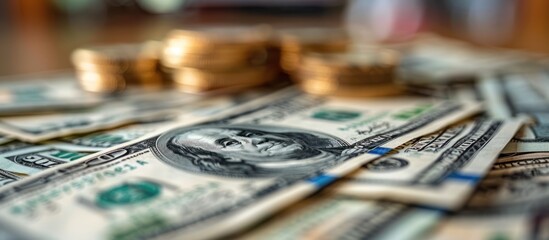 Close-up of a Stack of Dollar Bills with Coins in the Background